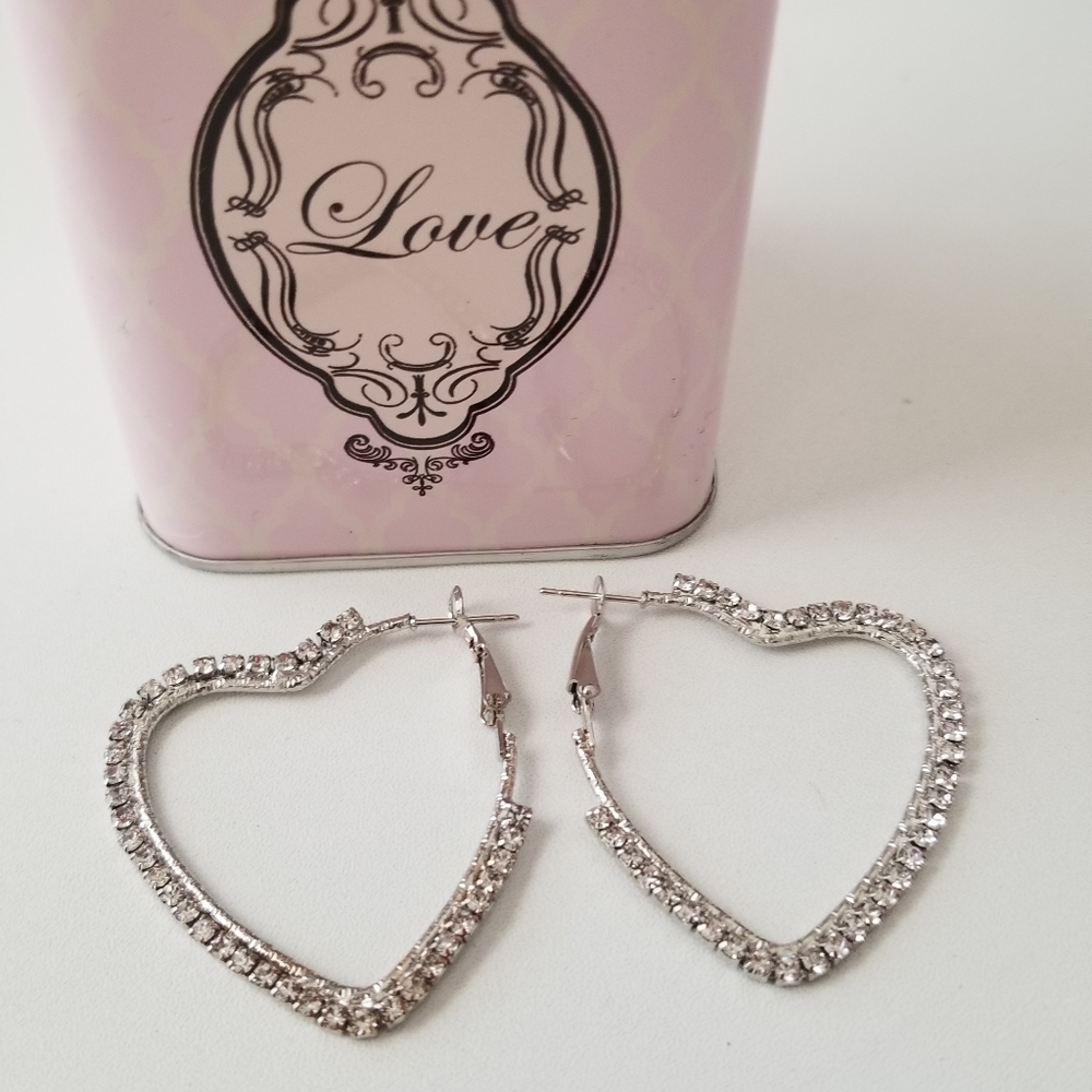 Rhinestone Silver Heart Hoop Earrings New